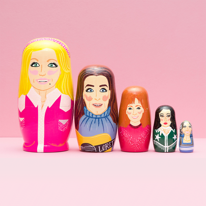 Set of six Women of Country wooden nesting dolls by Larney + Babs, colorful handcrafted gift collection for home decor and collectors.