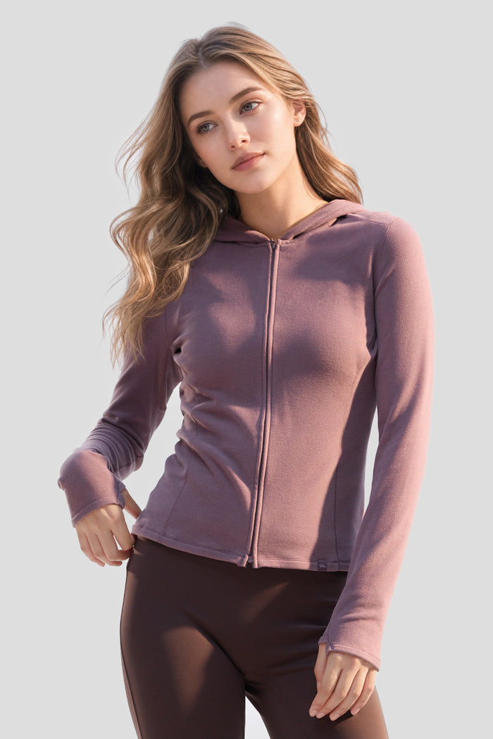 Women's High-Stretch Fleece Two-Way-Zip Hooded Base Layer Top (Mid Warmth) PM023