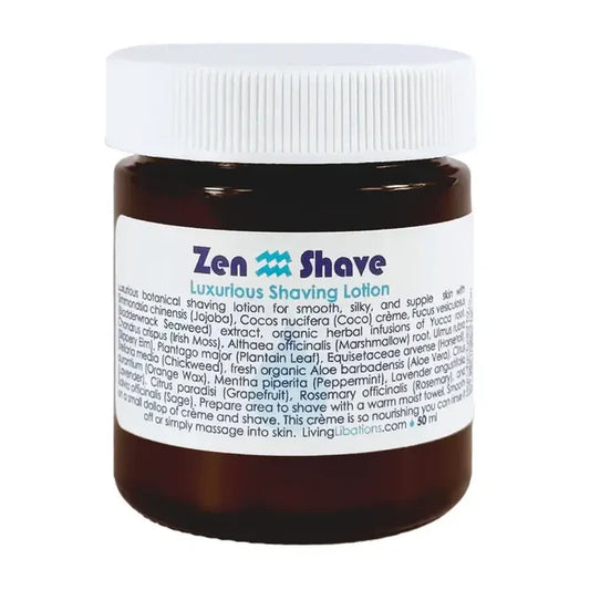 Jar of Zen Shave luxurious shaving lotion with a white label on a white background